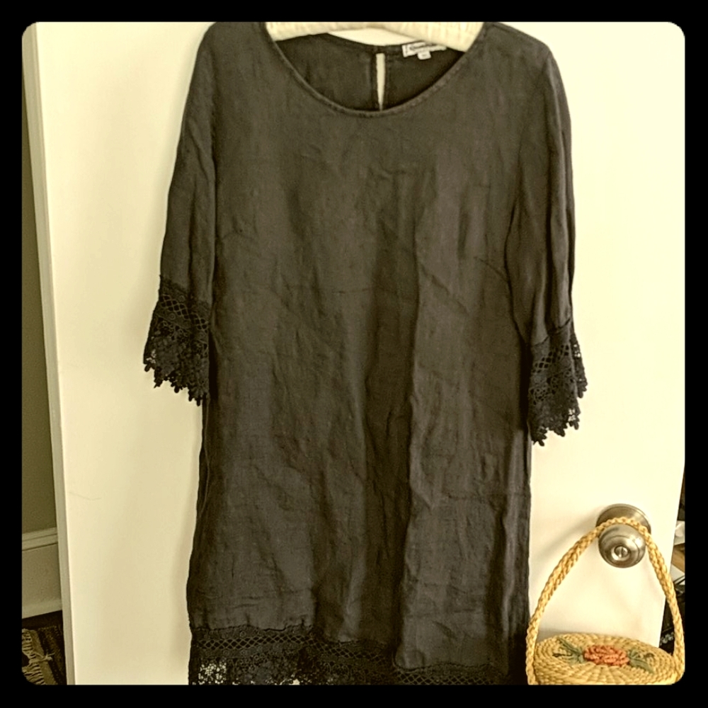 Navy Blue Linen Dress with lace